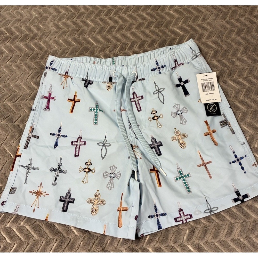 Saints Studio Mens Small Blue Swim Trunks Cross Religious Pockets Drawstring